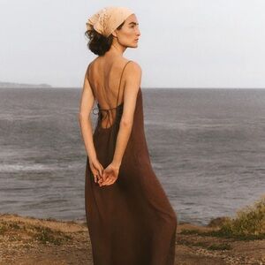 buck mason brown crosshatch linen east end maxi dress